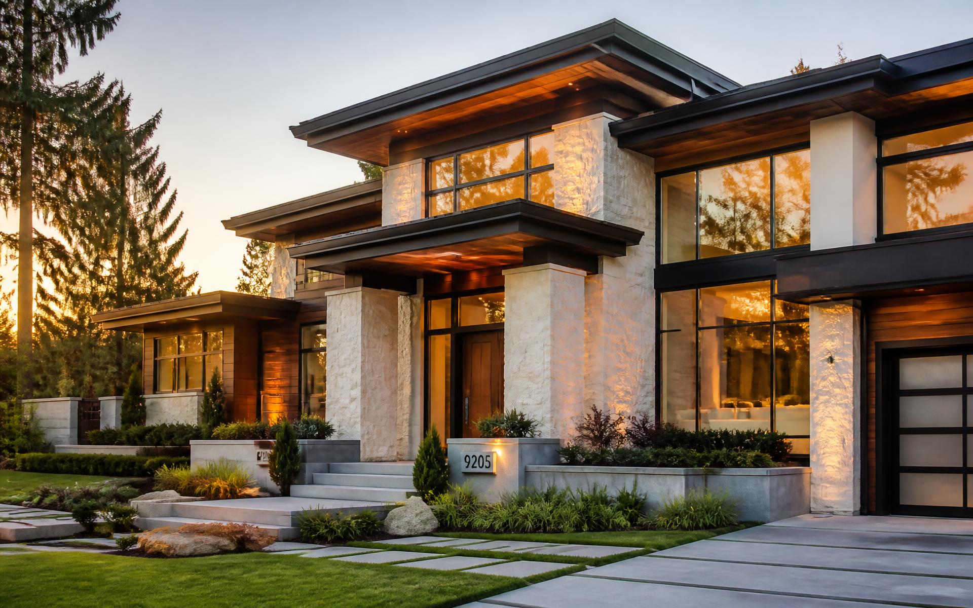 Modern luxury home exterior at golden hour cared for by Home Harmony Hub
