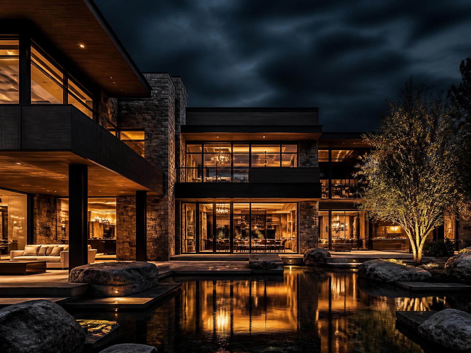 Luxury modern estate lit at dusk beside a reflecting pool